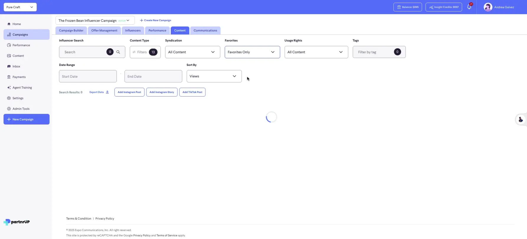 The user is viewing the content section of the "The Frozen Bean Influencer Campaign" within the partnrUP platform. The interface allows for filtering and sorting content based on various criteria.