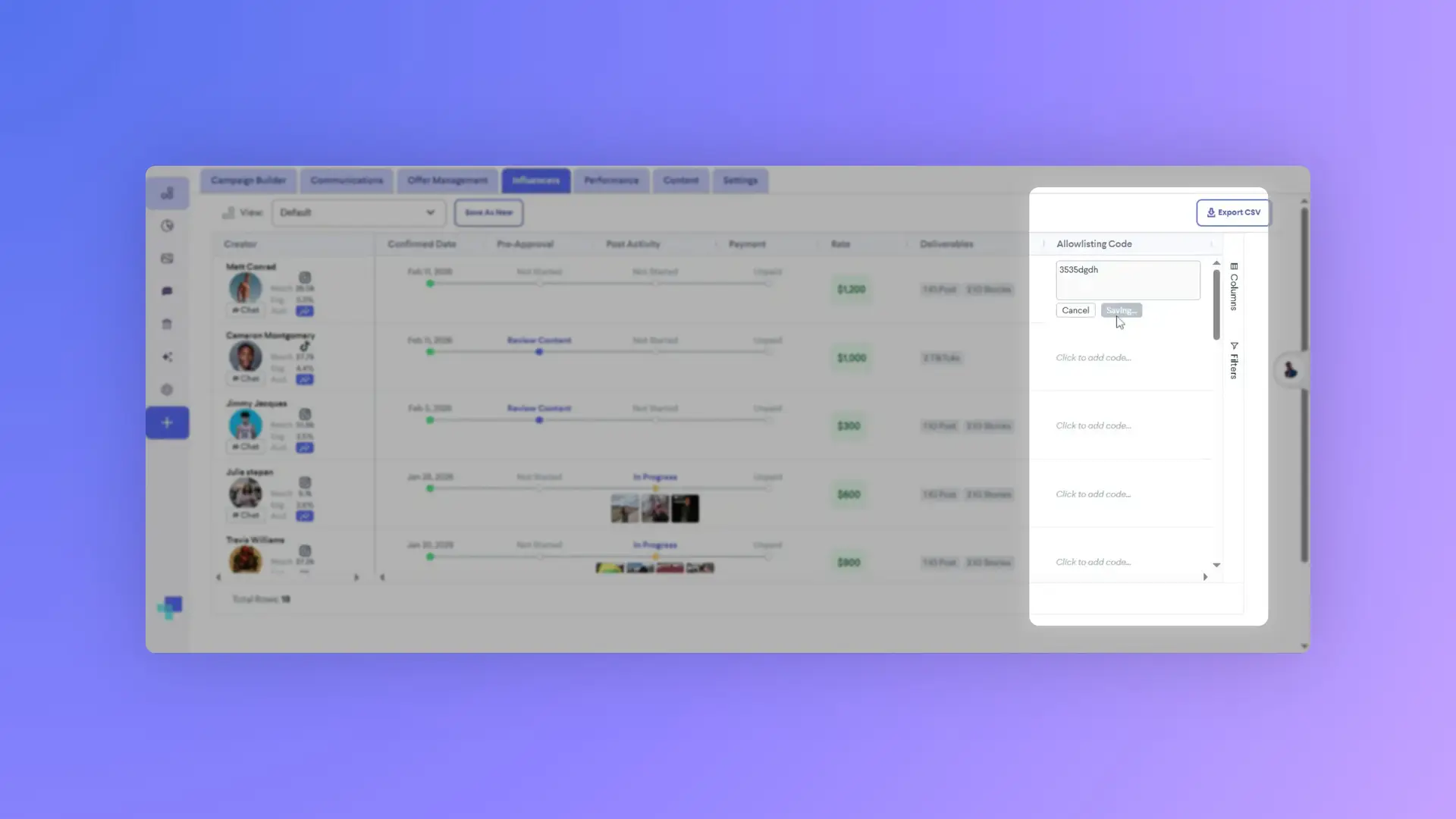 The screenshot displays the Influencers tab within the partnrUP platform, showcasing a list of creators with campaign details, including allowlisting codes and the ability to save changes.