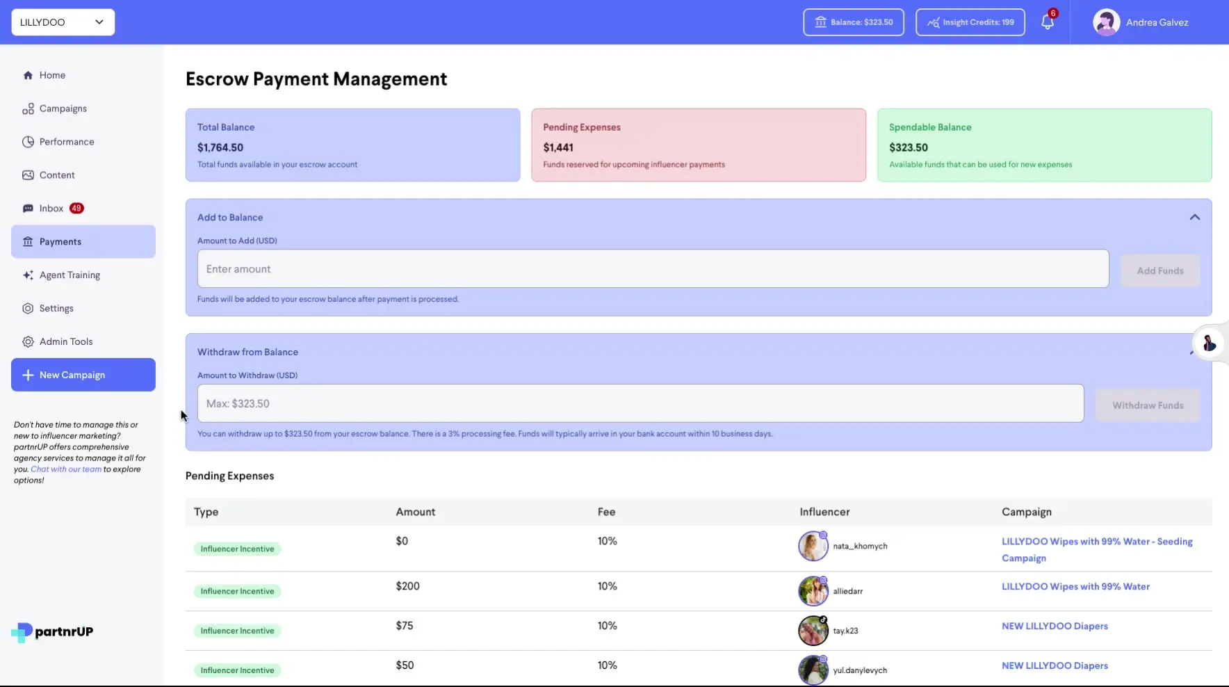 The screenshot displays the Escrow Payment Management section, showing the total balance, pending expenses, spendable balance, and options to add or withdraw funds. It also lists pending expenses with details like type, amount, fee, influencer, and campaign.