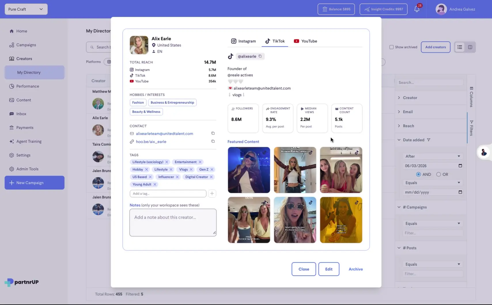 The screenshot displays the profile of influencer Alix Earle within the partnrUP platform. It shows her contact information, interests, tags, and featured content, along with key performance metrics like followers and engagement rate.