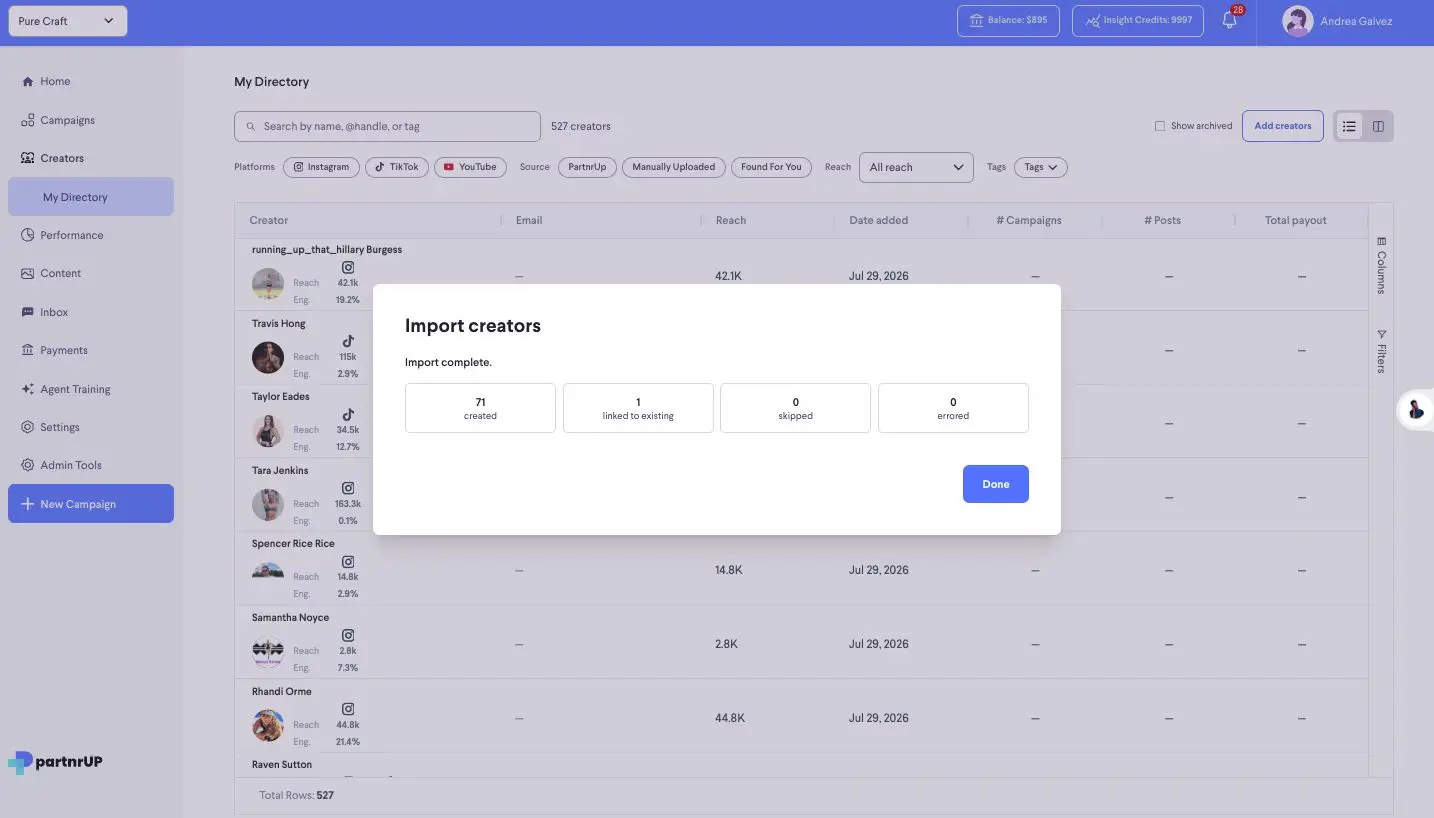 The 'Import creators' modal shows that the import process is complete, with 71 creators created, 1 linked to an existing profile, and none skipped or errored. The user can now click 'Done' to close the modal.