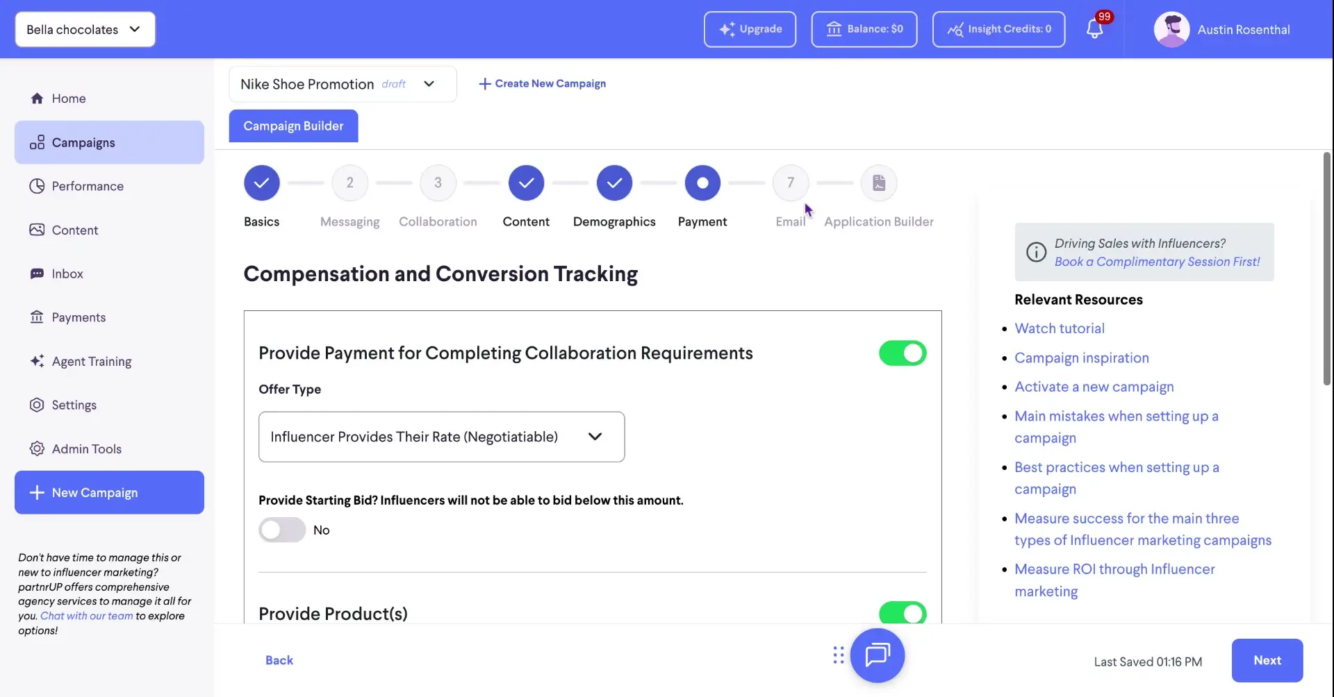The screenshot shows the payment setup stage of a campaign, where the user can specify the payment method and other related details for influencer collaborations.