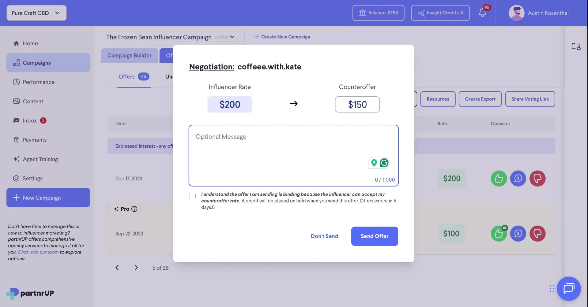 The user is in the negotiation phase of an influencer campaign, where they can send a counteroffer to an influencer, including an optional personalized message.