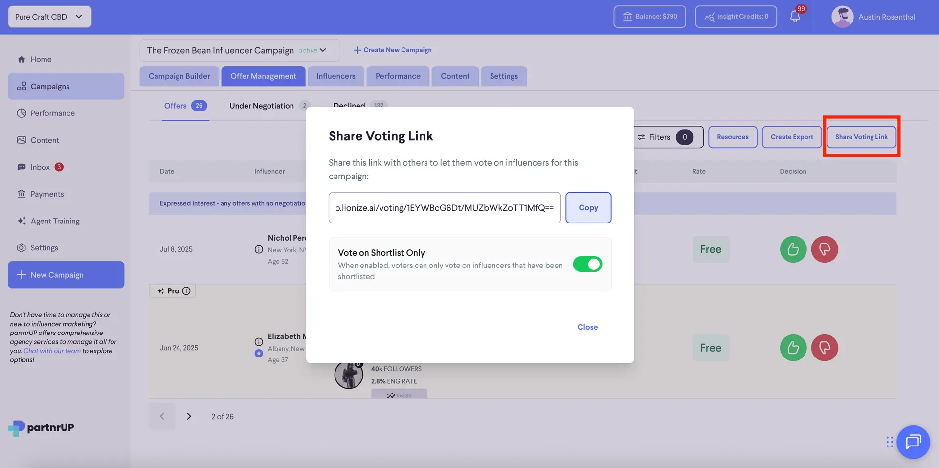 Offer Management tab in Frozen Bean Influencer Campaign showing Share Voting Link pop-up