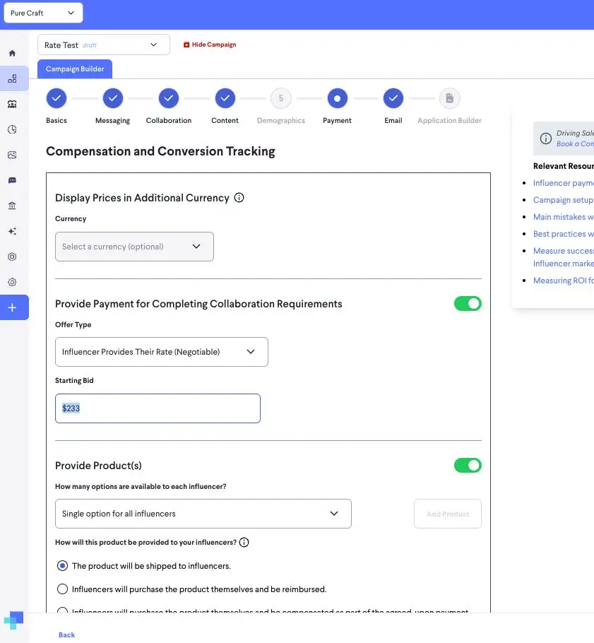 The screenshot shows the Compensation and Conversion Tracking section of the partnrUP for Brands platform. Users can configure currency display, payment terms for collaboration requirements, and how products will be provided to influencers.