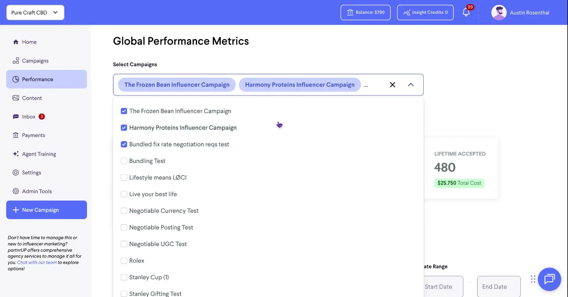 The user is on the "Global Performance Metrics" page and is selecting the campaigns to view. The user has selected "The Frozen Bean Influencer Campaign" and "Harmony Proteins Influencer Campaign".
