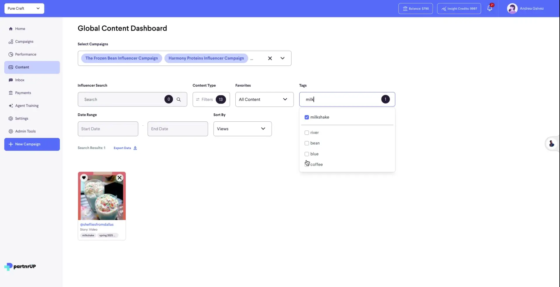 Global Content Dashboard in partnrUP for Brands showing content organization with tags.