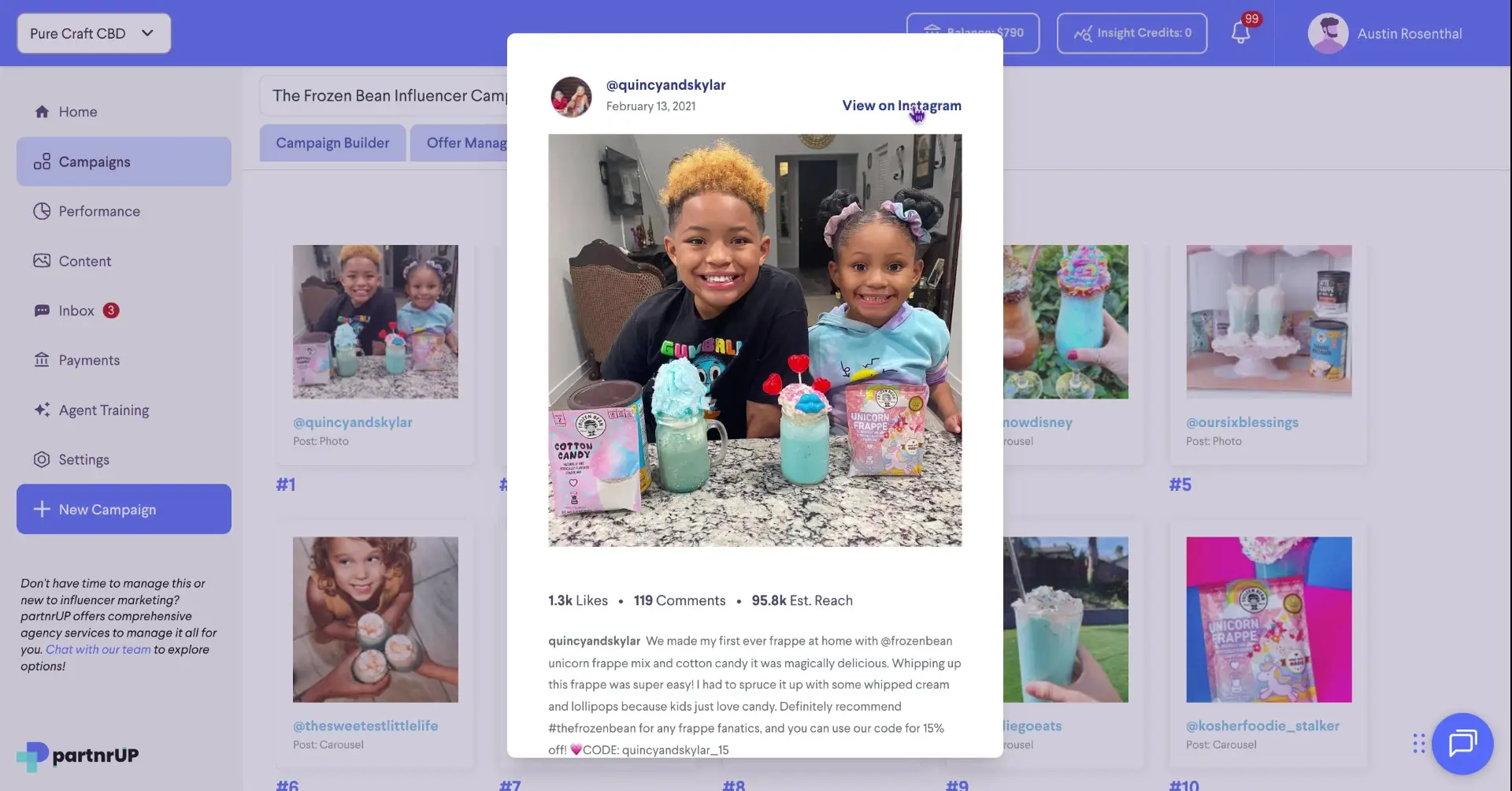 The screenshot displays a campaign page within the partnrUP platform, showcasing influencer content related to a product, with engagement metrics like likes, comments, and estimated reach.