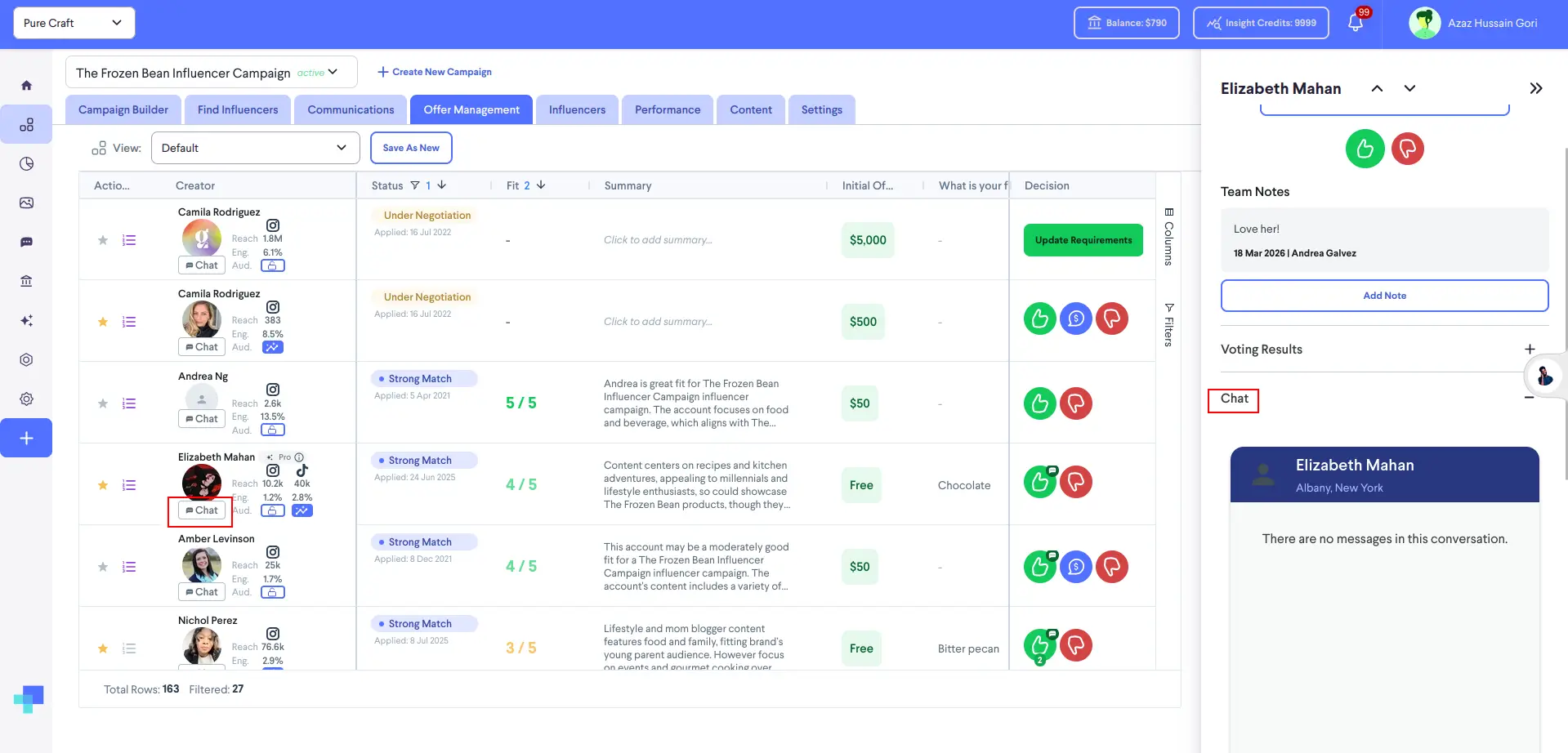 Offer Management section of partnrUP for Brands showing influencer details for The Frozen Bean Influencer Campaign.