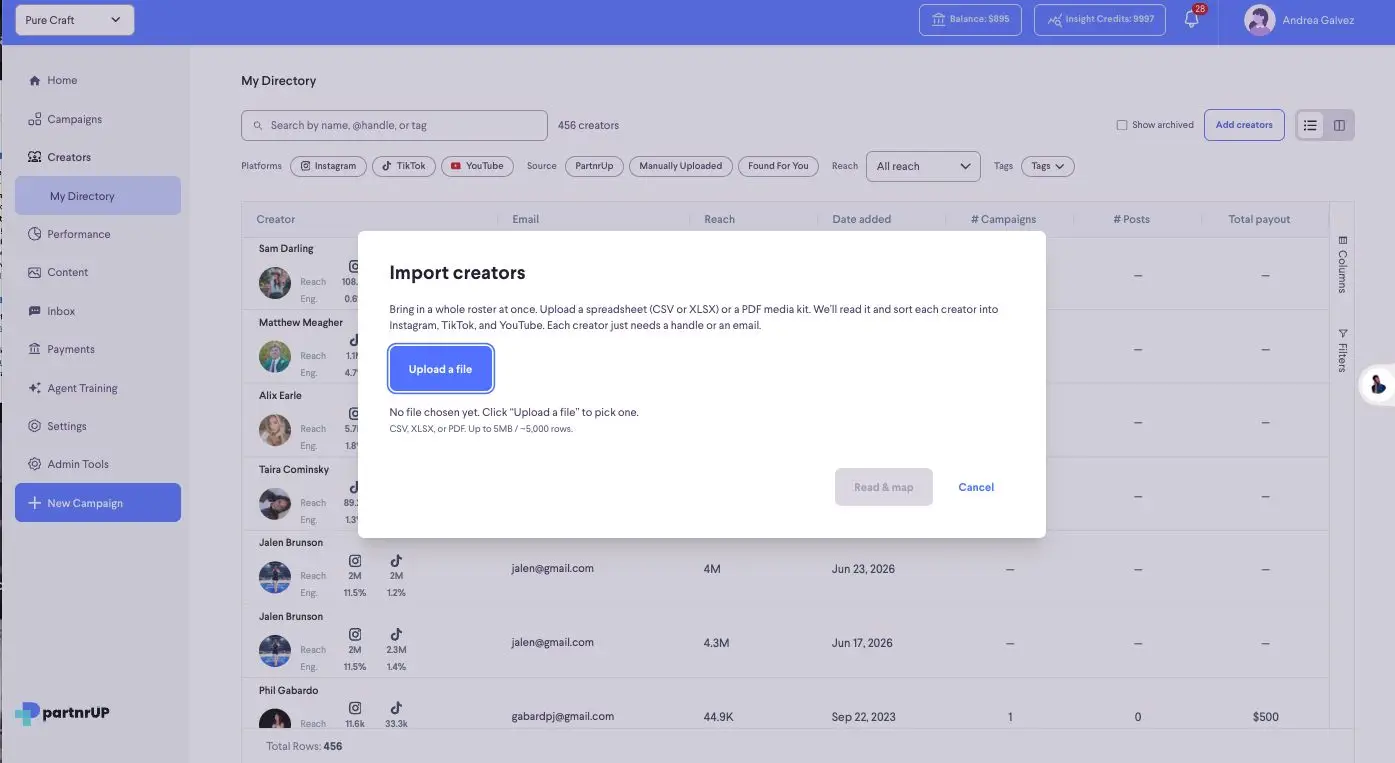The screenshot shows the "Import creators" modal within the partnrUP platform. This feature allows users to upload a spreadsheet (CSV, XLSX) or PDF to import multiple creators at once, automatically sorting them into Instagram, TikTok, and YouTube categories.