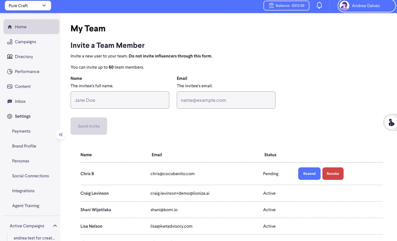 partnrUP for Brands My Team screen for inviting or managing team members in a workspace.