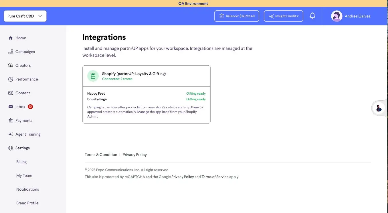 The Integrations page shows that the Shopify (partnrUP: Loyalty & Gifting) app is connected to 2 stores, allowing campaigns to offer products and ship them to approved creators automatically.