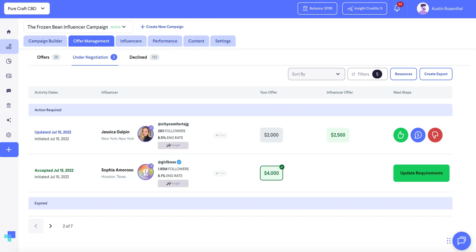 Offer Management - Under Negotiation tab in The Frozen Bean Influencer Campaign on partnrUP for Brands platform