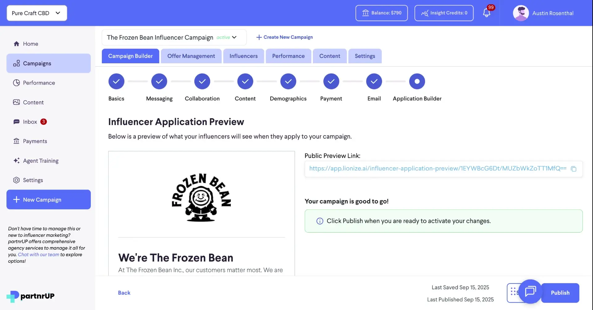 The screenshot shows the Influencer Application Preview for The Frozen Bean campaign within the partnrUP platform. It displays a preview of what influencers will see when applying to the campaign, along with a public preview link and a prompt to publish the campaign.