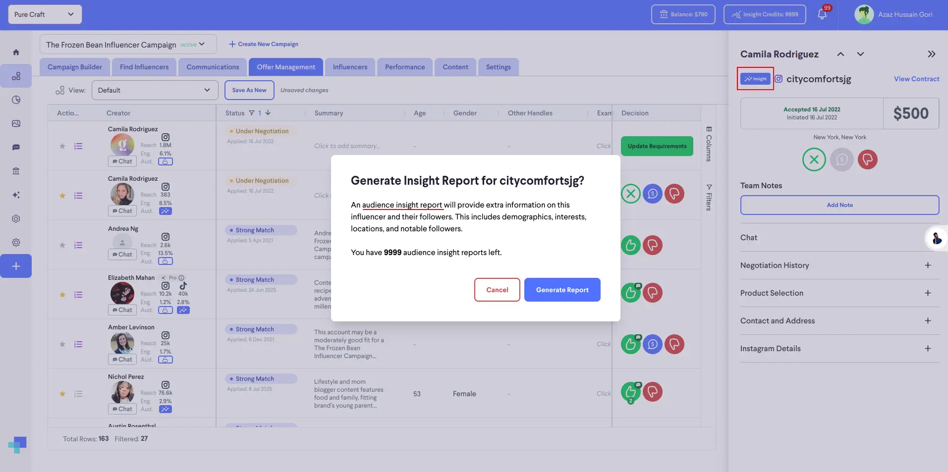 Offer Management section of partnrUP for Brands showing influencer list and insight report generation pop-up.