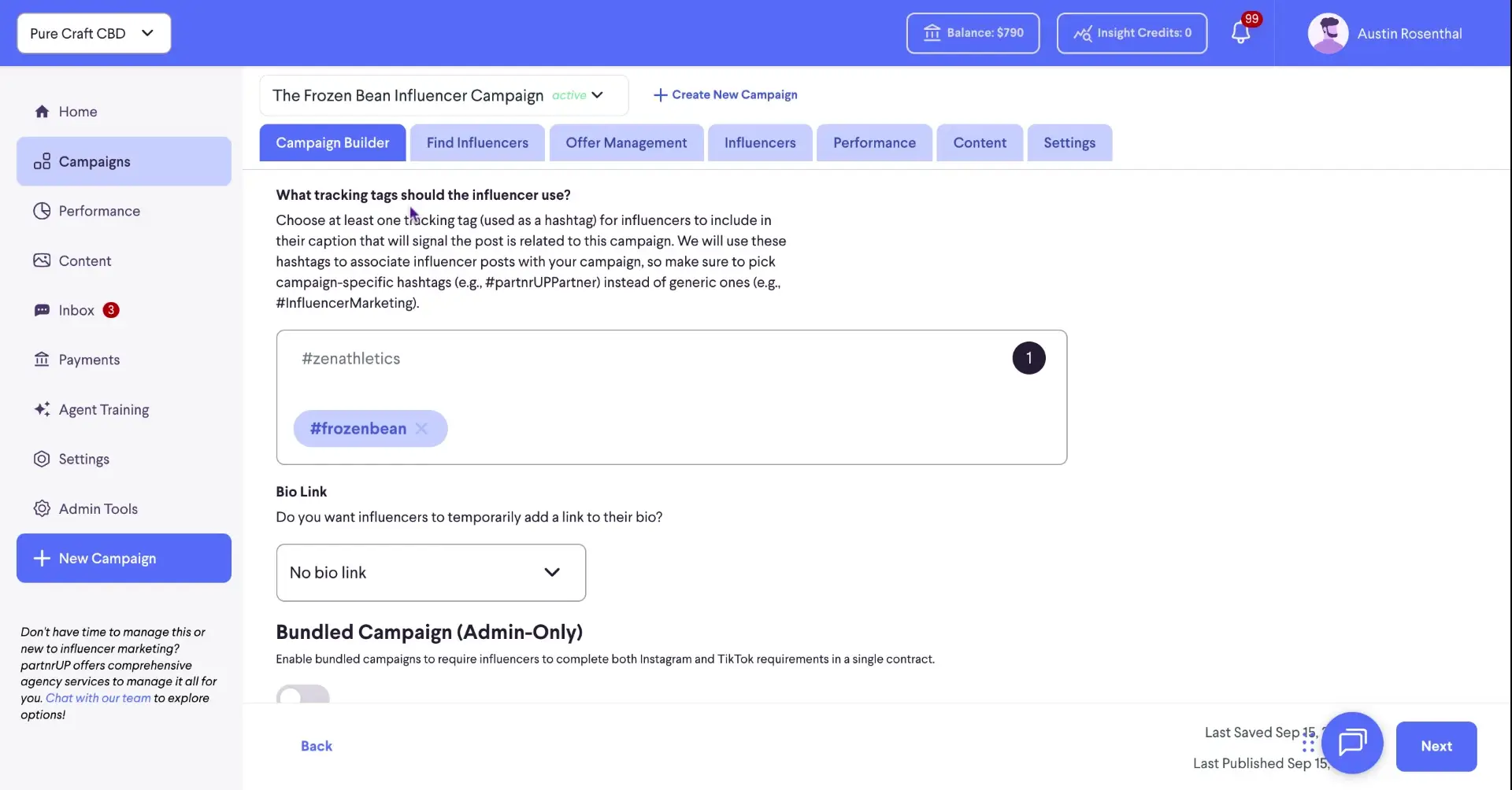 The screenshot shows the campaign builder section for the "Frozen Bean Influencer Campaign". It displays the options for setting tracking tags and bio links for influencers.