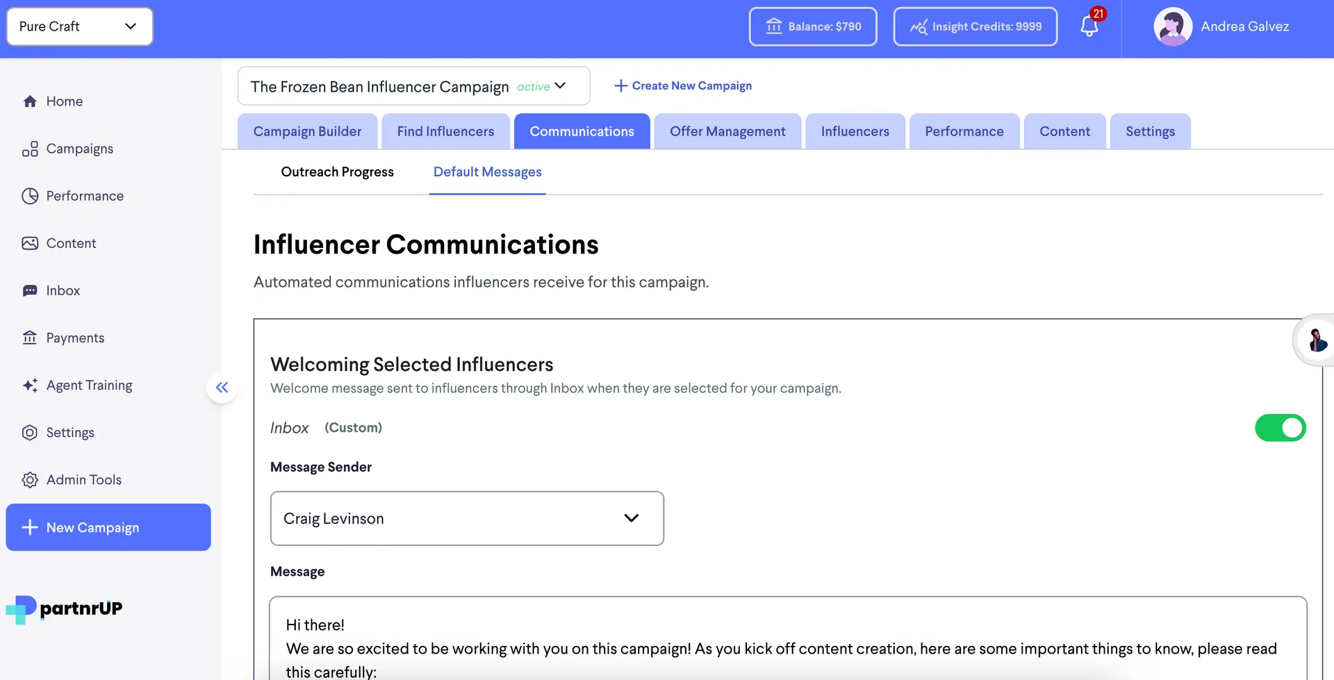 partnrUP for Brands - Influencer Communications setup for The Frozen Bean Influencer Campaign