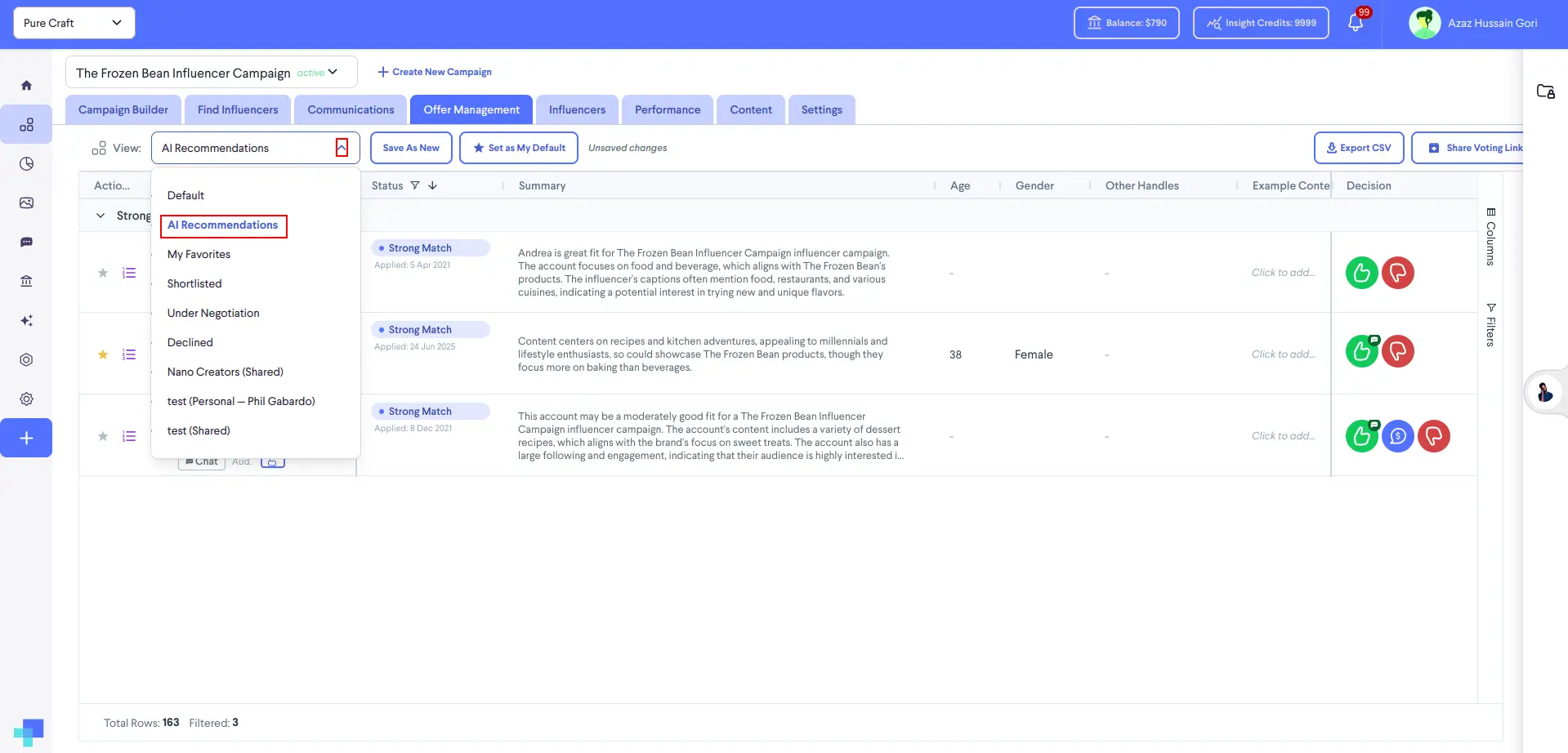 Offer Management tab showing AI-recommended creators for The Frozen Bean Influencer Campaign in partnrUP for Brands.