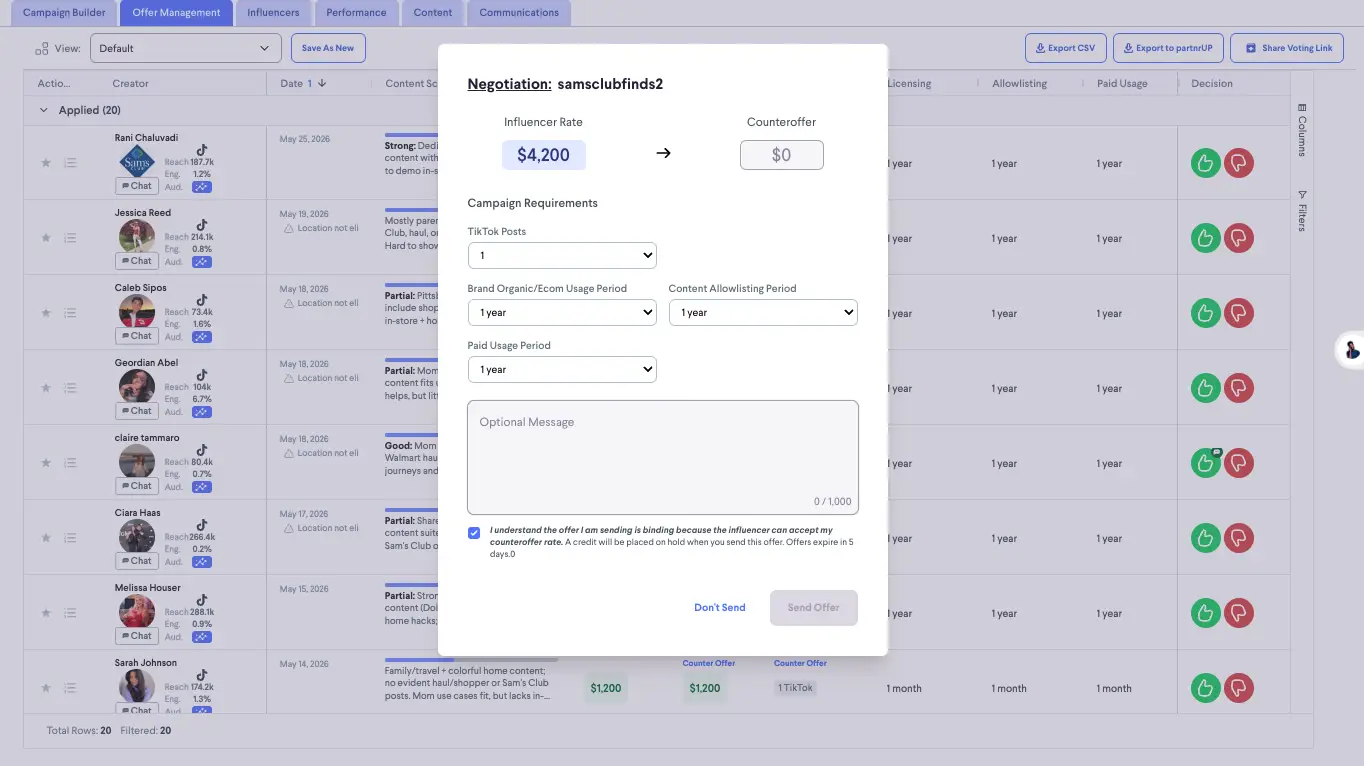 Offer Management section in partnrUP for Brands showing influencer negotiation interface.