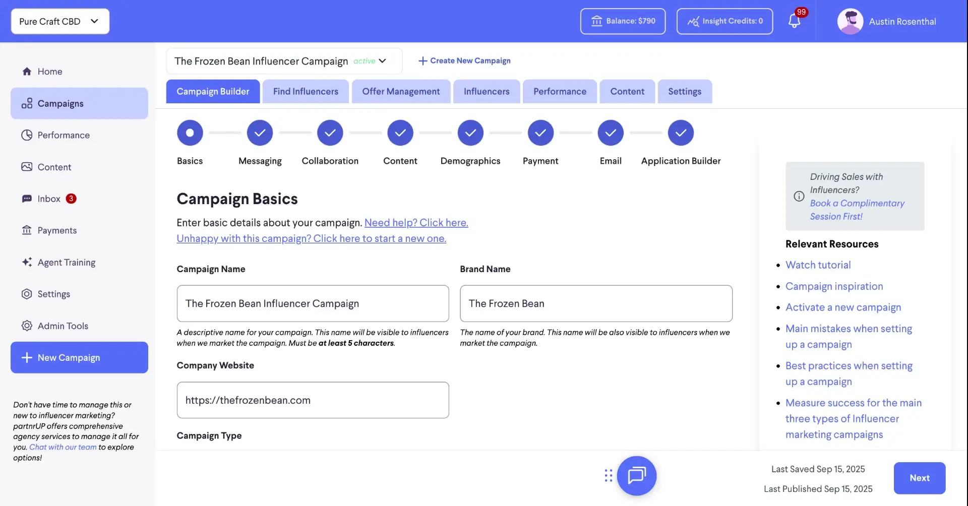 The screenshot shows the 'Campaign Basics' section of the 'The Frozen Bean Influencer Campaign' setup within the partnrUP platform. It displays fields for campaign and brand names, along with a company website input.