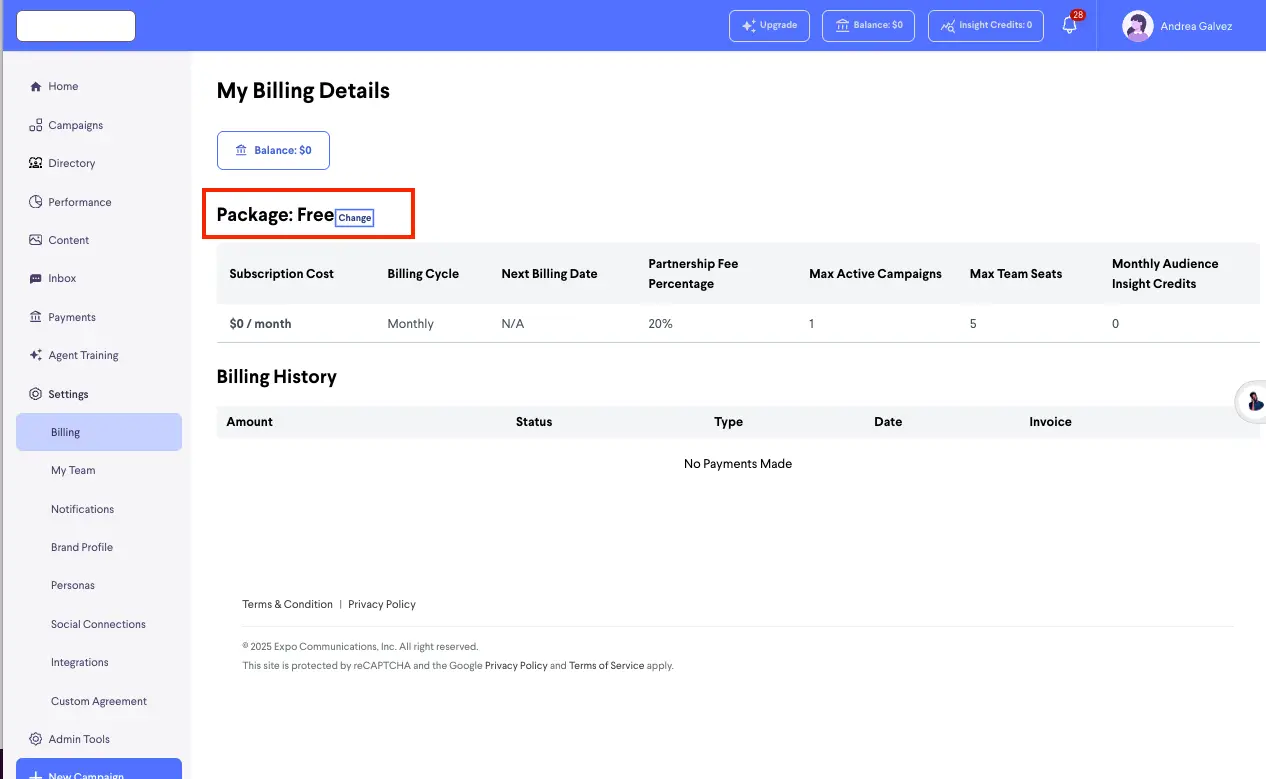 partnrUP for Brands My Billing Details page showing Free package and billing information
