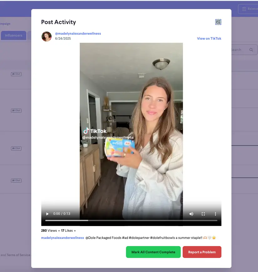 Post Activity screen for madelynalexanderwellness on partnrUP for Brands platform, showing TikTok video post with content moderation options.