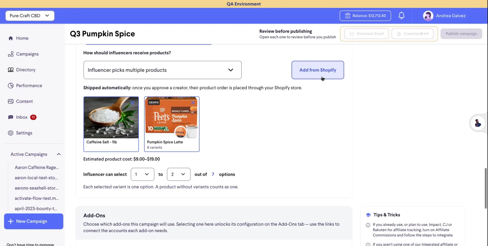 The user is configuring a campaign named "Q3 Pumpkin Spice" and is setting up how influencers will receive products. They have the option to add products from Shopify and can specify how many products an influencer can select from a given list.