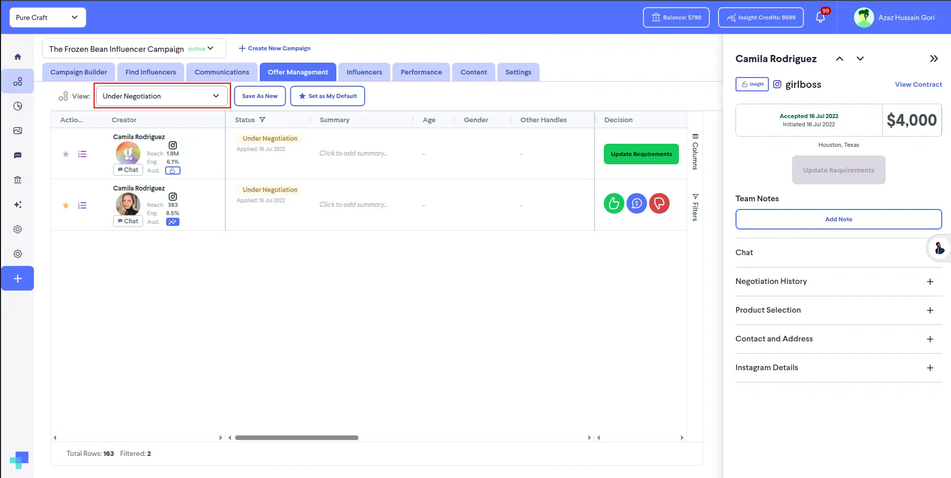 Offer Management section in partnrUP for Brands showing influencer negotiation details for The Frozen Bean Influencer Campaign.