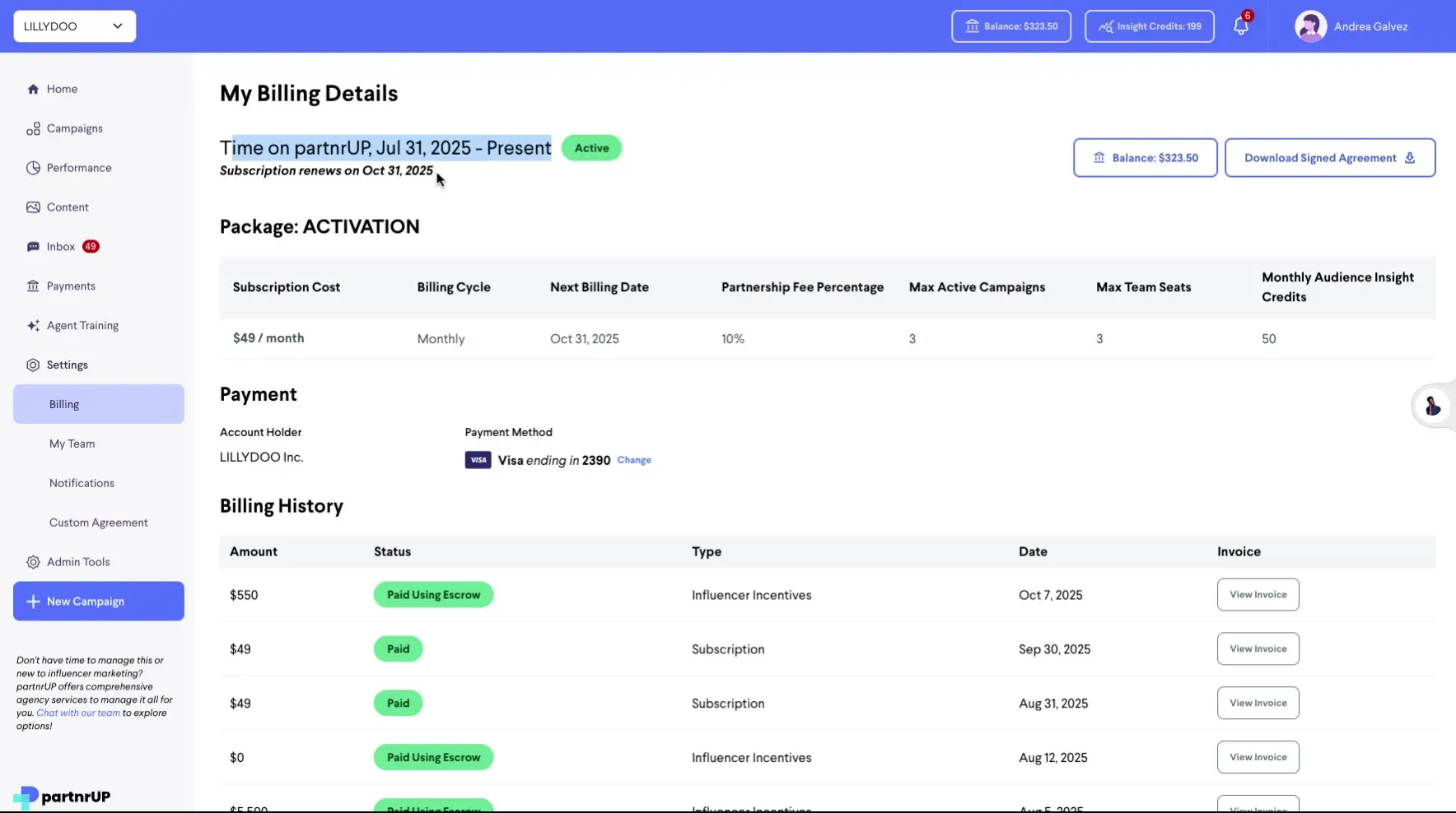 The screenshot displays the 'My Billing Details' section of the partnrUP platform, showing the user's subscription start date, renewal date, package details, and billing history.