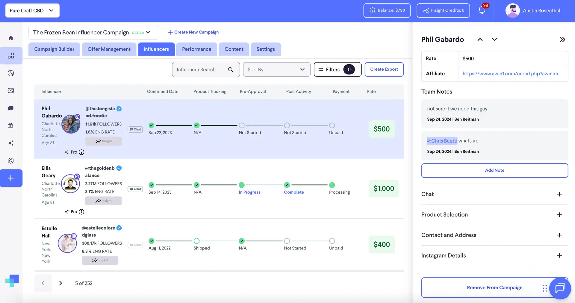 Influencer Management section of The Frozen Bean Influencer Campaign in partnrUP for Brands platform
