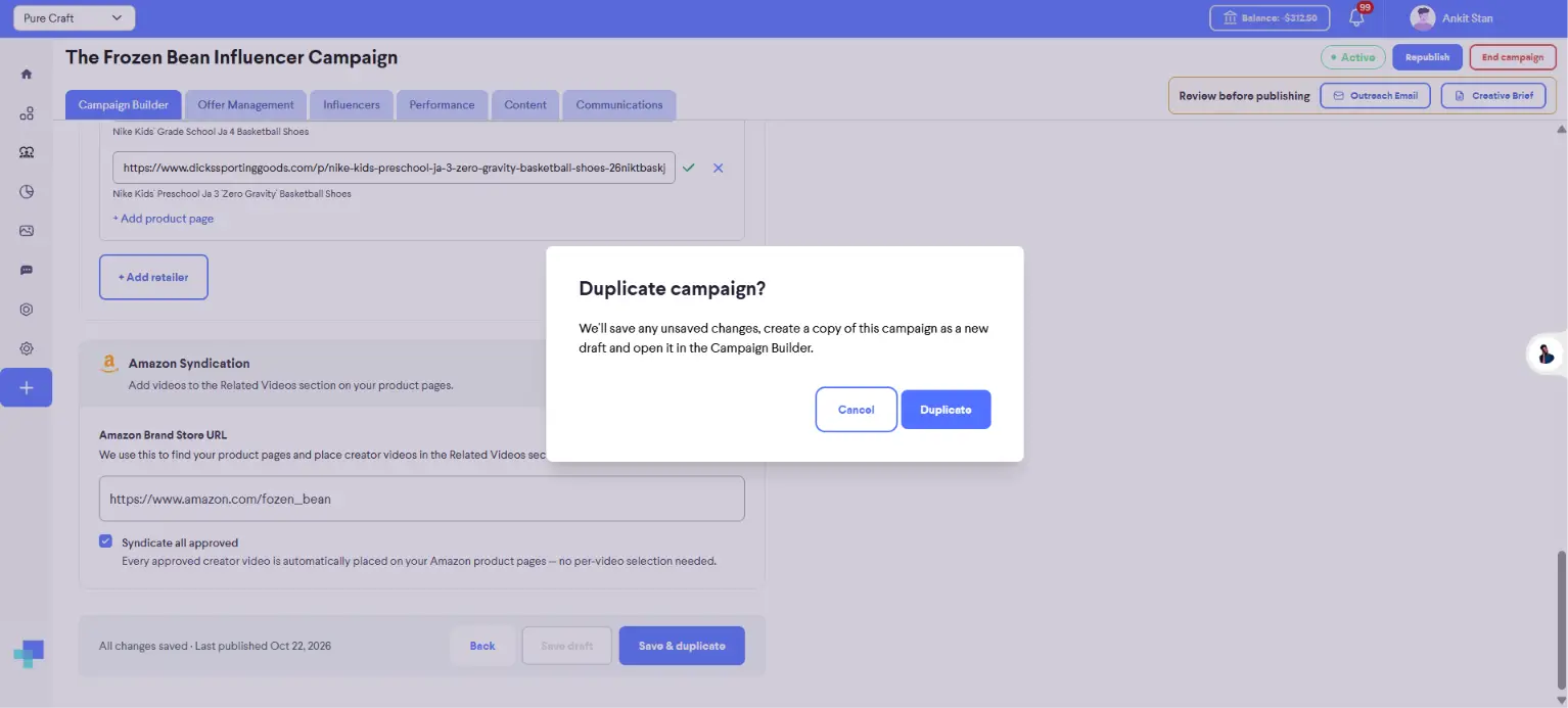 partnrUP for Brands Campaign Builder Duplicate Campaign screen