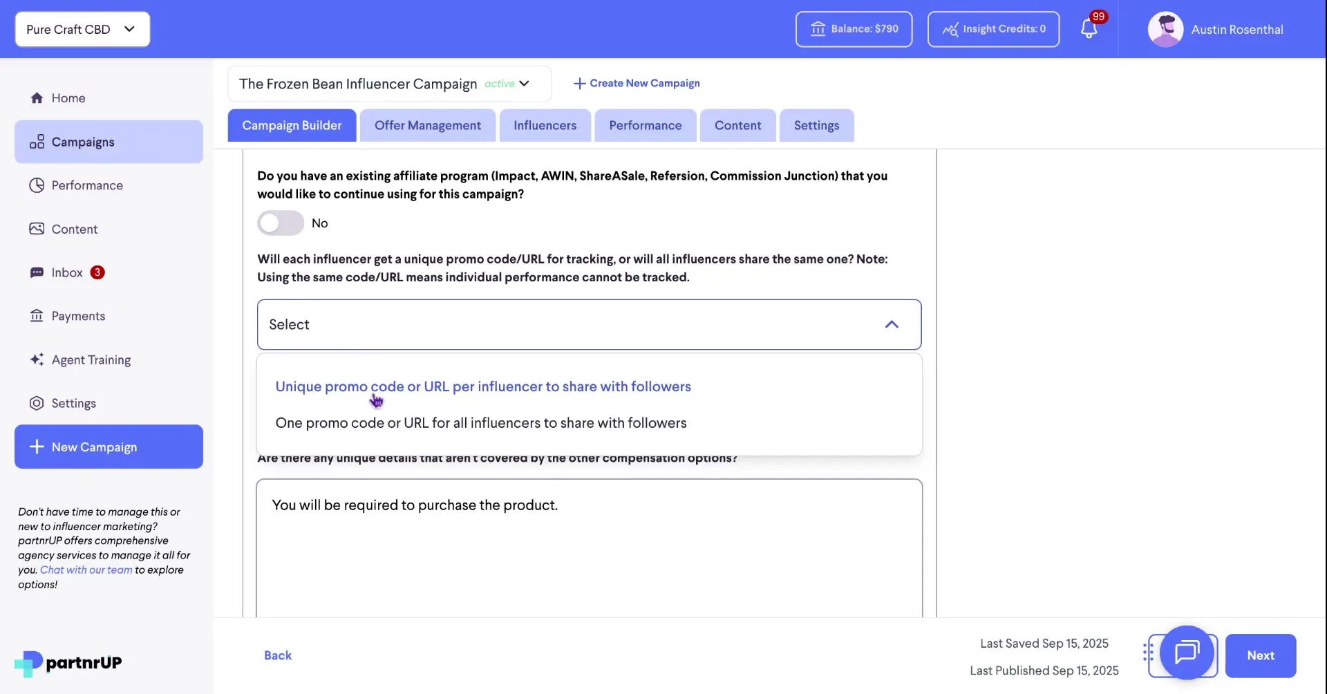 The user is in the campaign builder section of the platform, specifically setting up tracking options for influencers, choosing between unique promo codes/URLs or a single one for all.