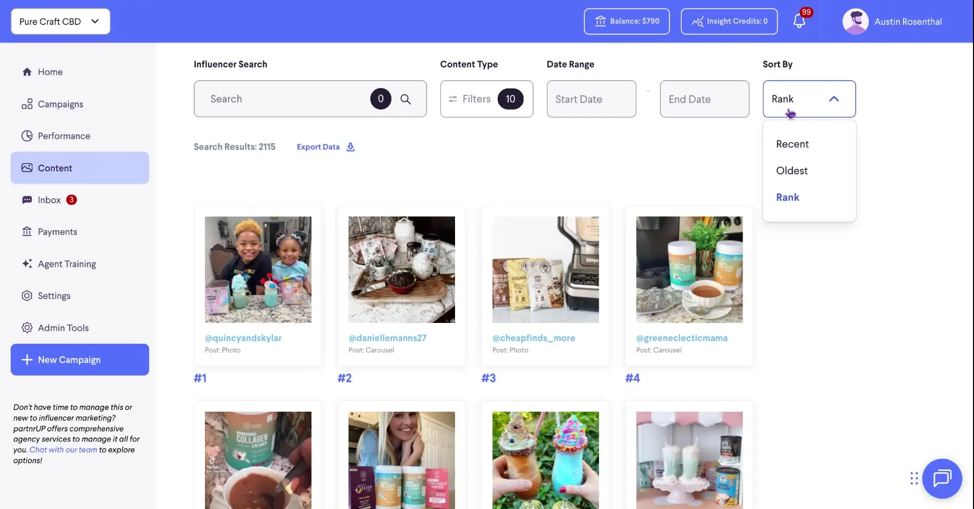 The user is viewing the content section of the platform, with options to search and filter content. The user is currently sorting the content by rank.