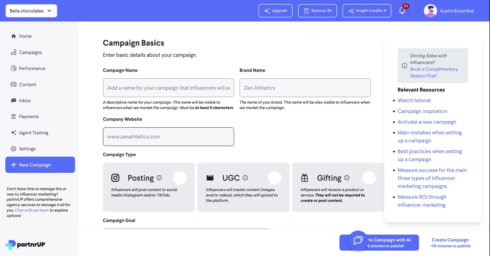 The screenshot shows the 'Campaign Basics' section of the partnrUP platform, where users can enter details such as campaign name, brand name, company website, and campaign type to set up a new influencer marketing campaign.
