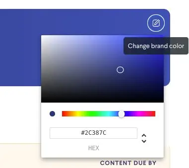The screenshot shows a color picker tool within the partnrUP for Brands platform, allowing users to change the brand color by selecting from a spectrum or entering a HEX code. This feature is likely part of the campaign setup or brand customization options.