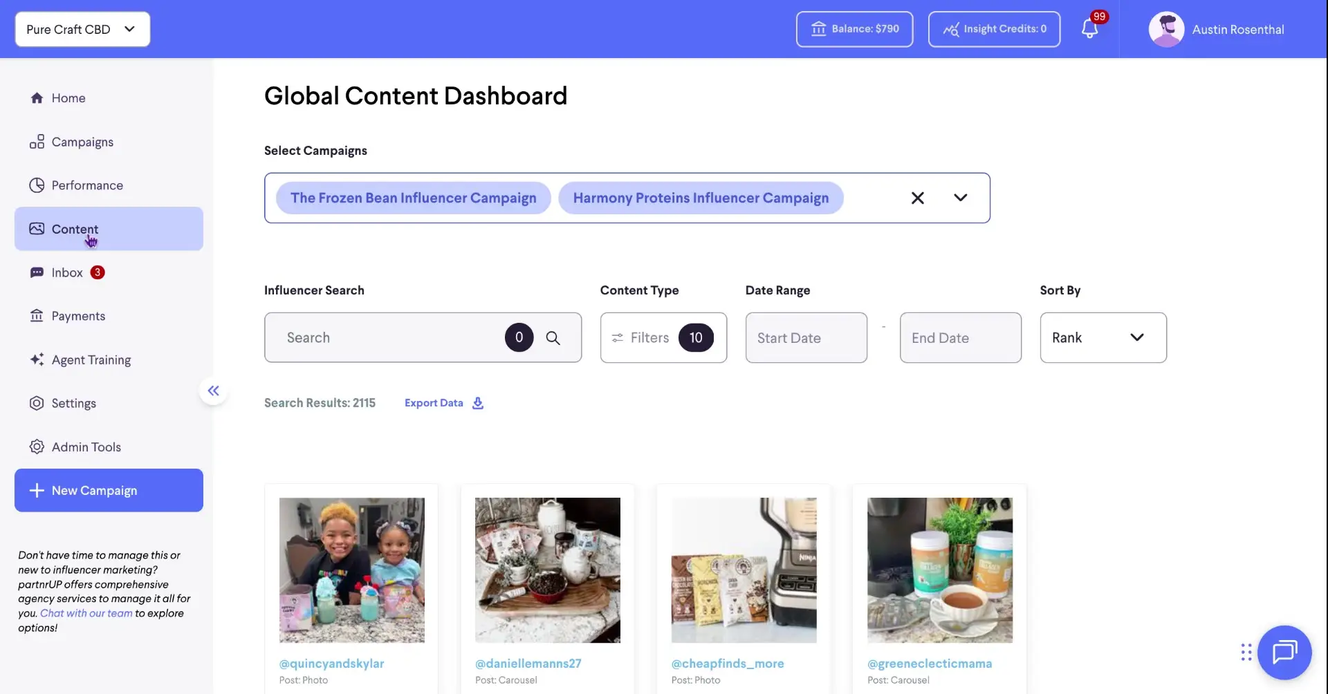 The screenshot displays the Global Content Dashboard within the partnrUP platform, showcasing content from influencer campaigns, with options to filter and sort the content.