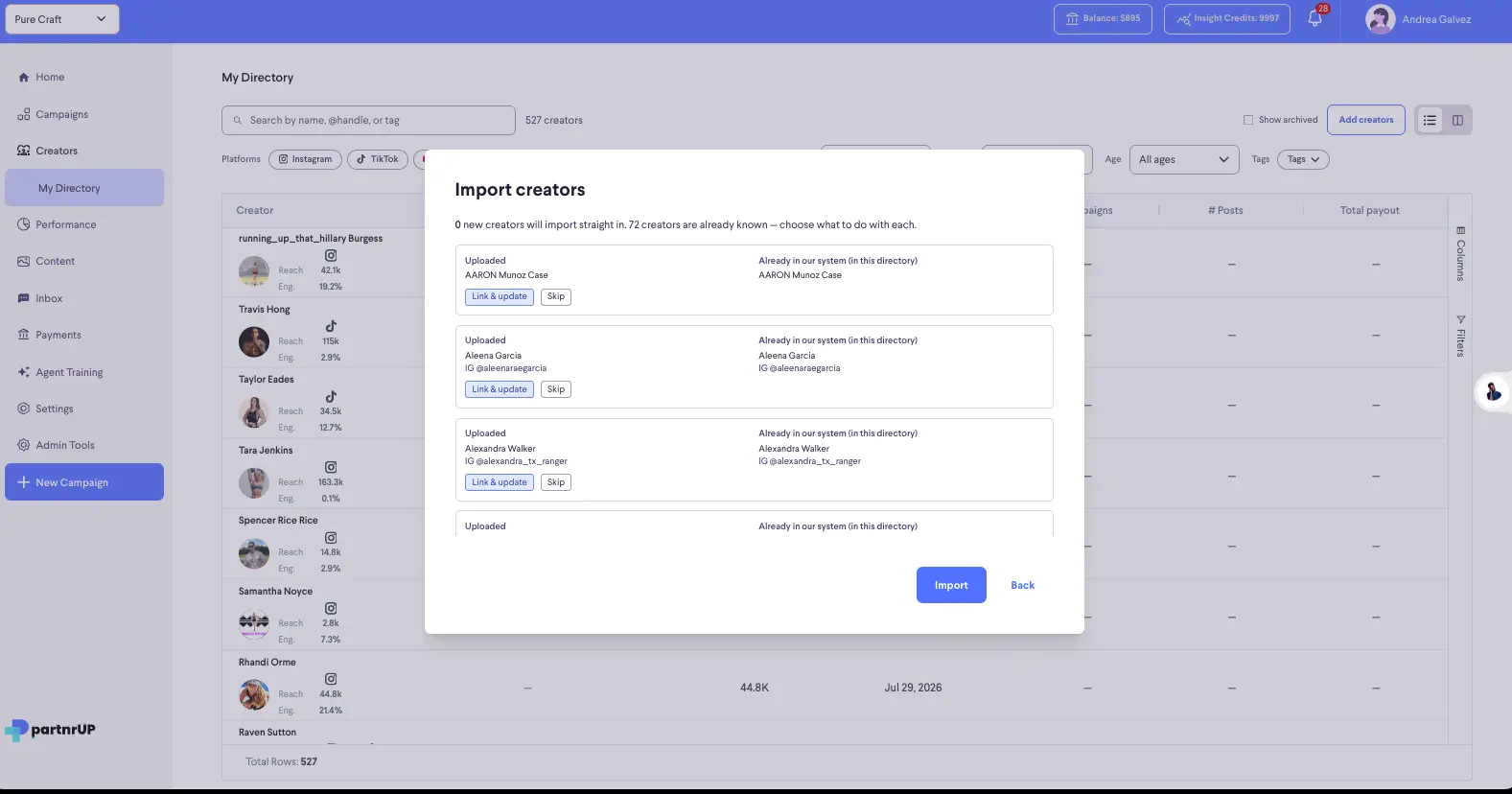 partnrUP for Brands - Import Creators dialog in My Directory section
