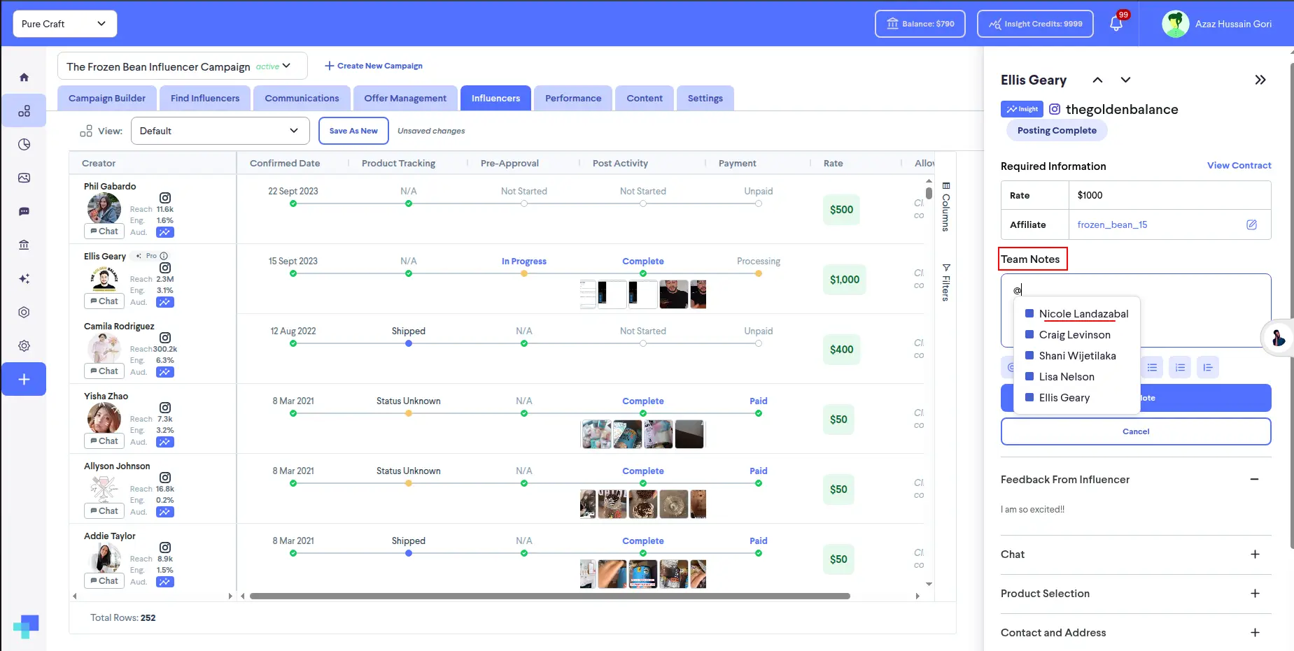 Influencers tab in The Frozen Bean Influencer Campaign on partnrUP for Brands platform.
