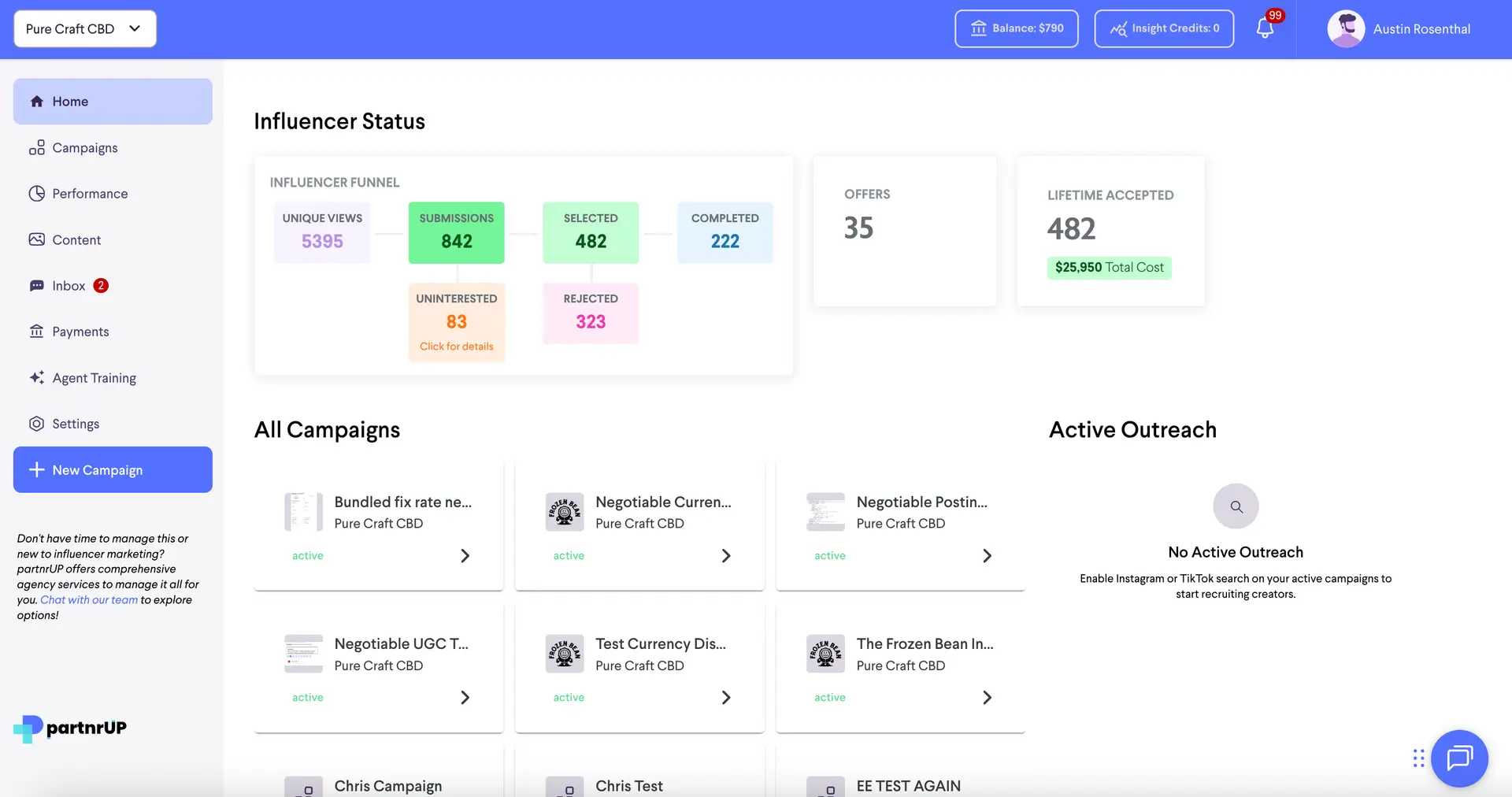 partnrUP for Brands Active Campaign Management screen for Pure Craft CBD showing influencer status and active outreach options.