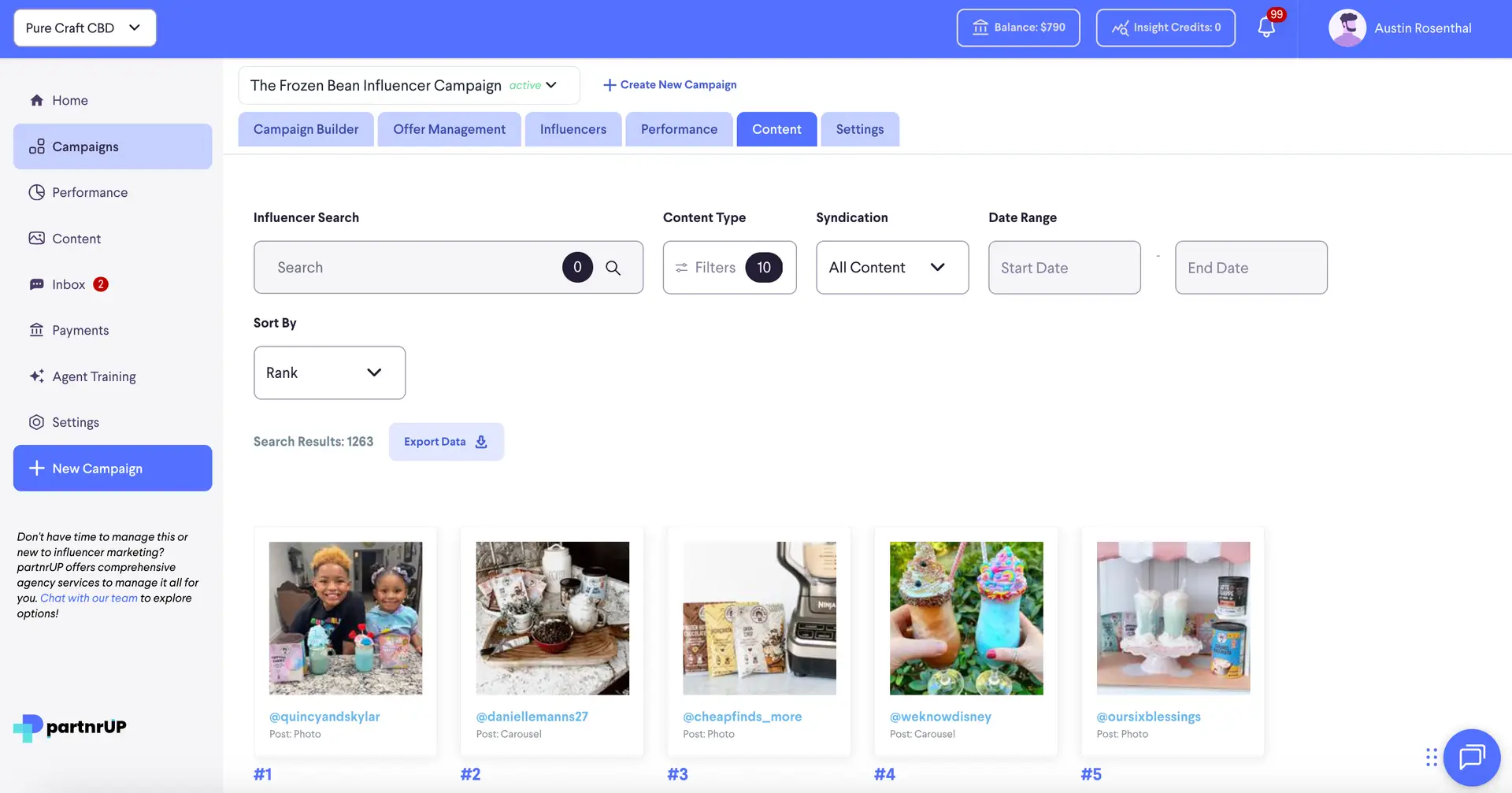 partnrUP for Brands - The Frozen Bean Influencer Campaign Content section
