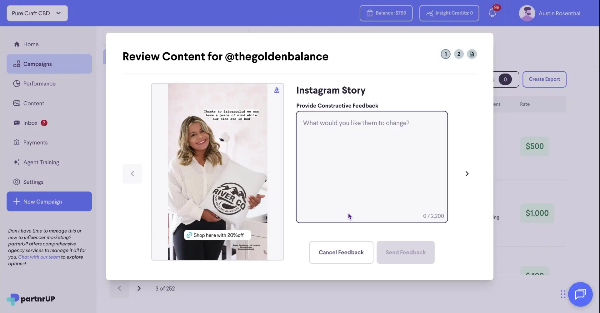 The screenshot shows the content review process within the partnrUP platform, where users can provide feedback on influencer content.