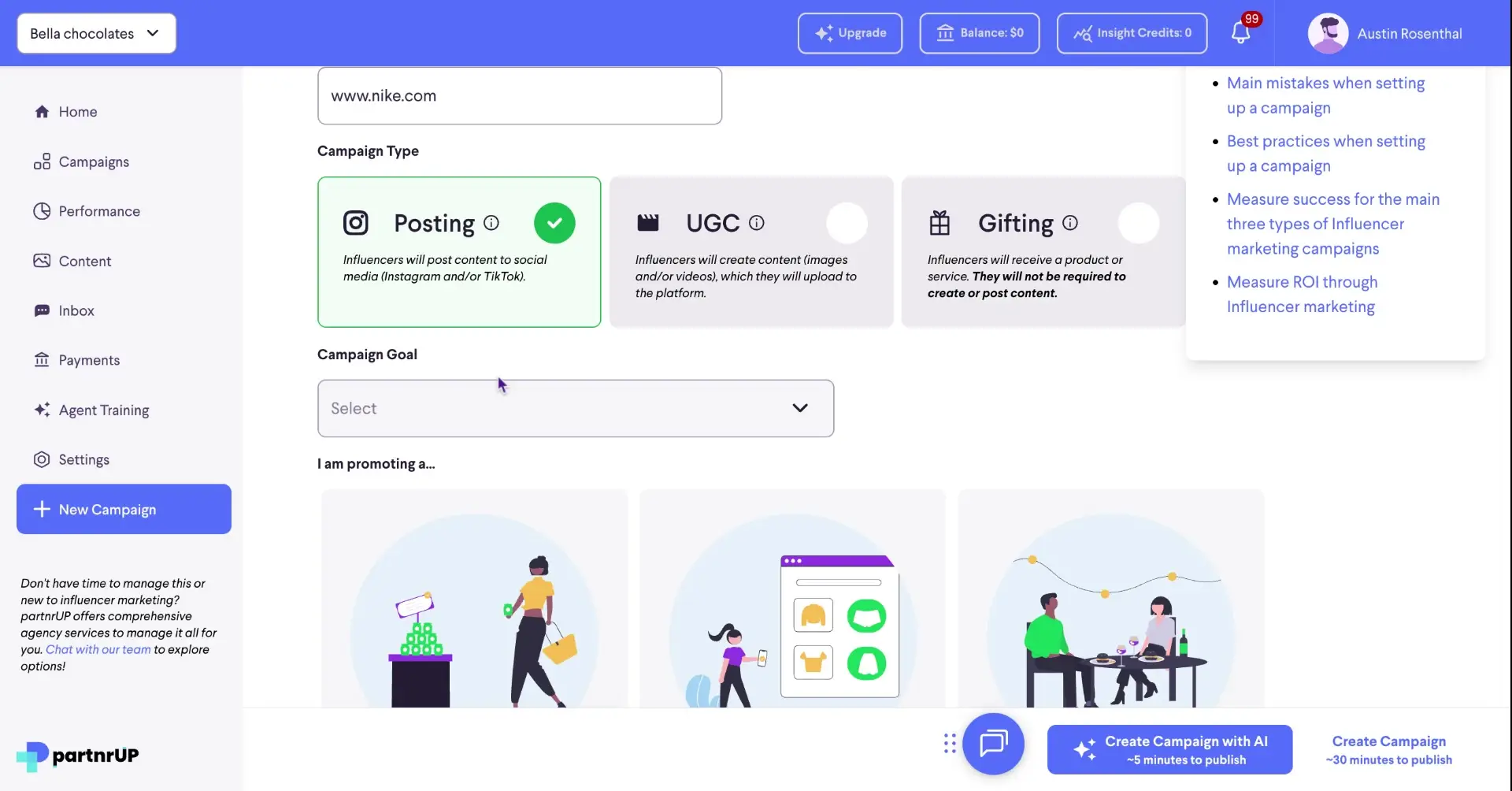 The user is setting up a new campaign, selecting 'Posting' as the campaign type, and is about to choose a campaign goal.