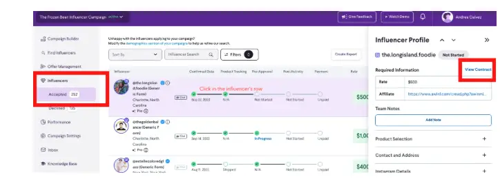 Active Campaign Management screen in partnrUP for Brands showing influencer details for 'The Frozen Bear Influencer Campaign.'