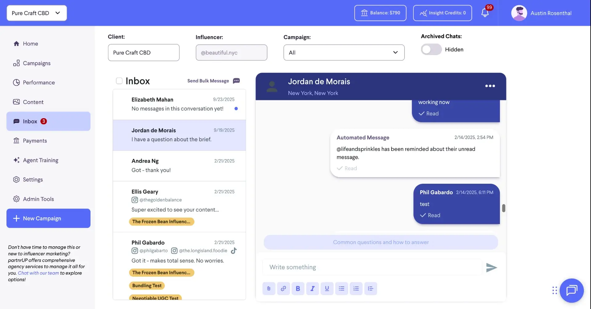 The screenshot shows the inbox view within the partnrUP platform, displaying a conversation thread with an influencer, including automated messages and the ability to respond.