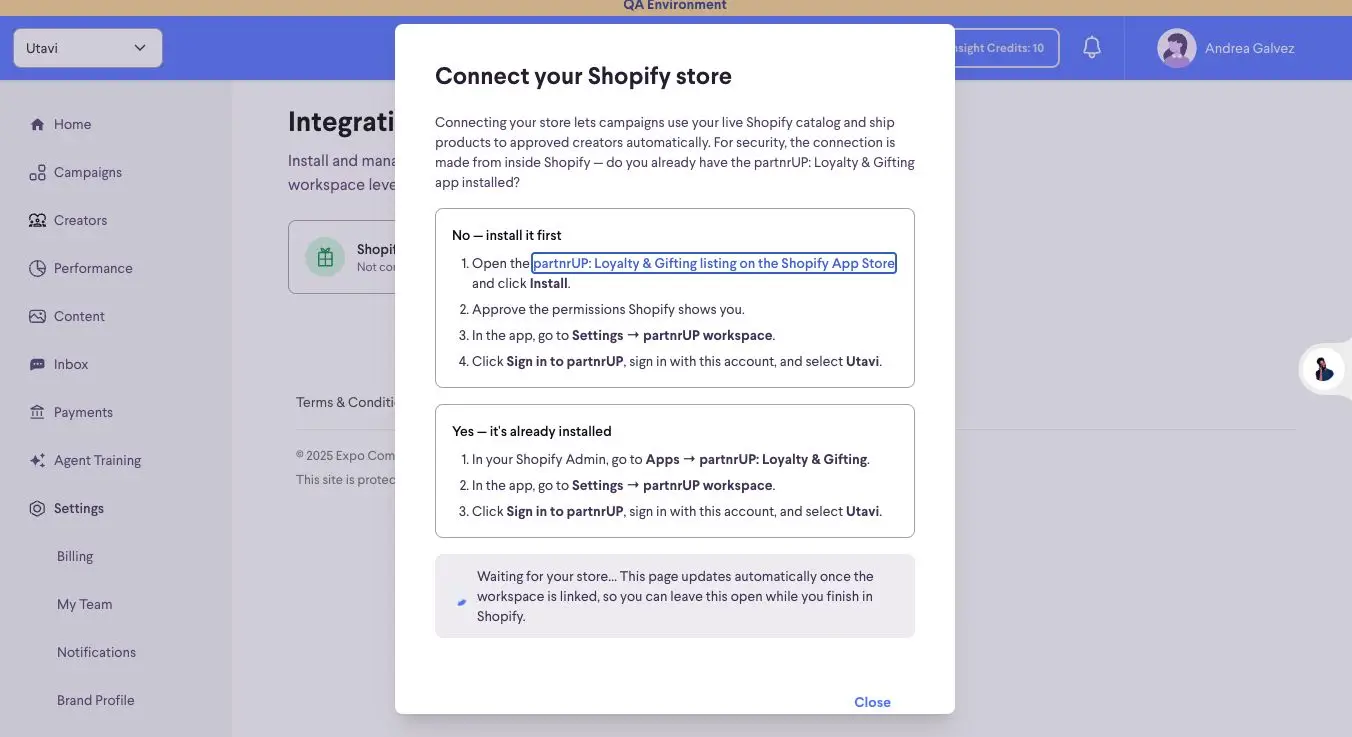 partnrUP for Brands - Connect your Shopify store interface