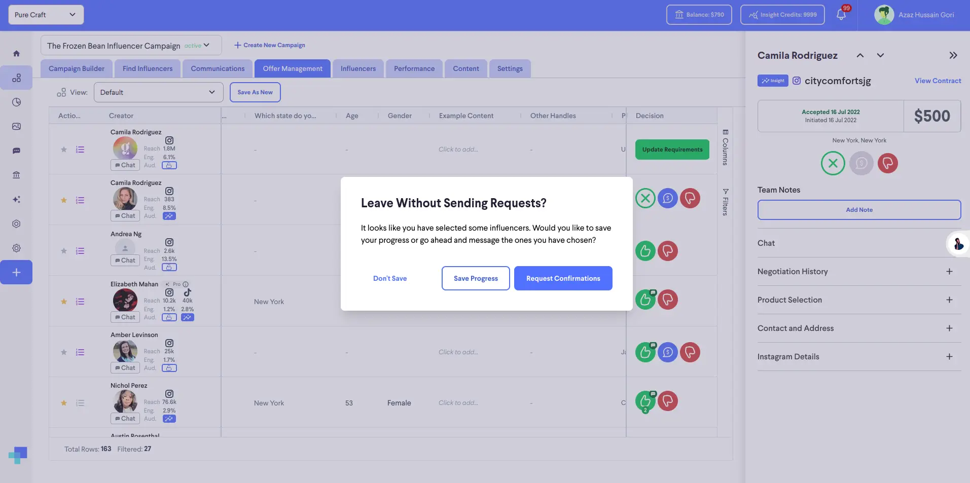 Offer Management screen in partnrUP for Brands showing influencer list and decision prompt.