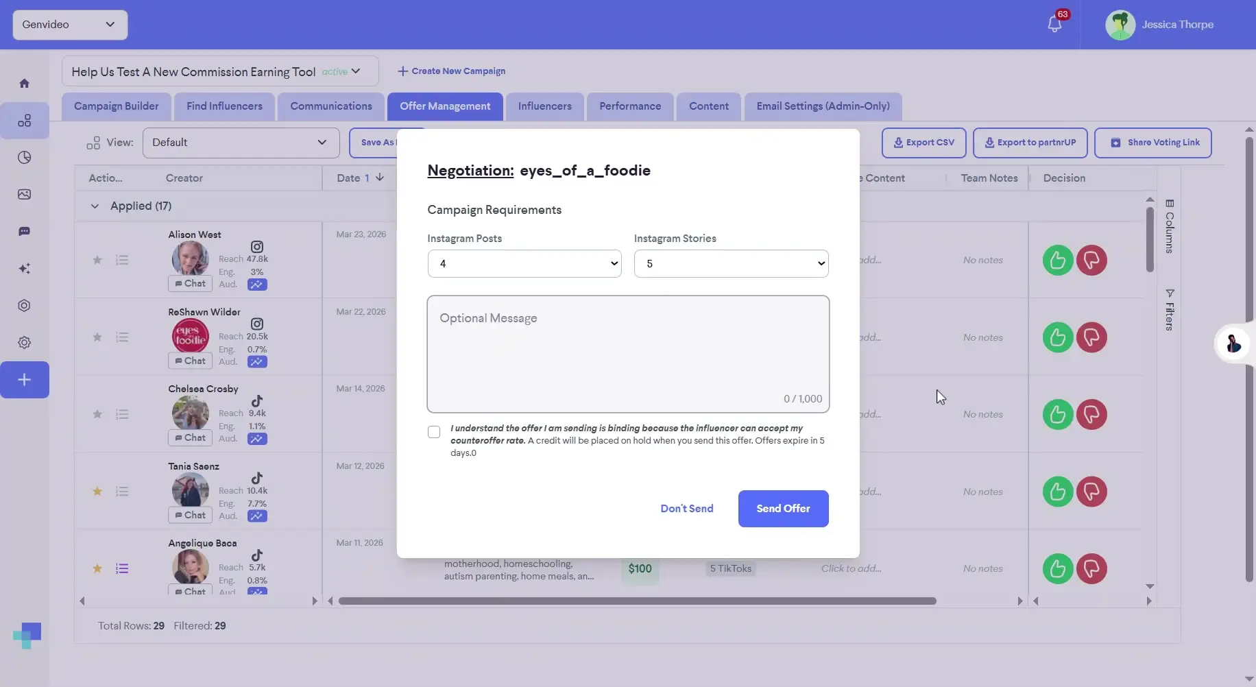 The user is in the Offer Management section of the platform, specifically in the process of negotiating with an influencer named "eyes_of_a_foodie". The user is setting the campaign requirements, including the number of Instagram posts and stories, and has the option to include an optional message before sending the offer.