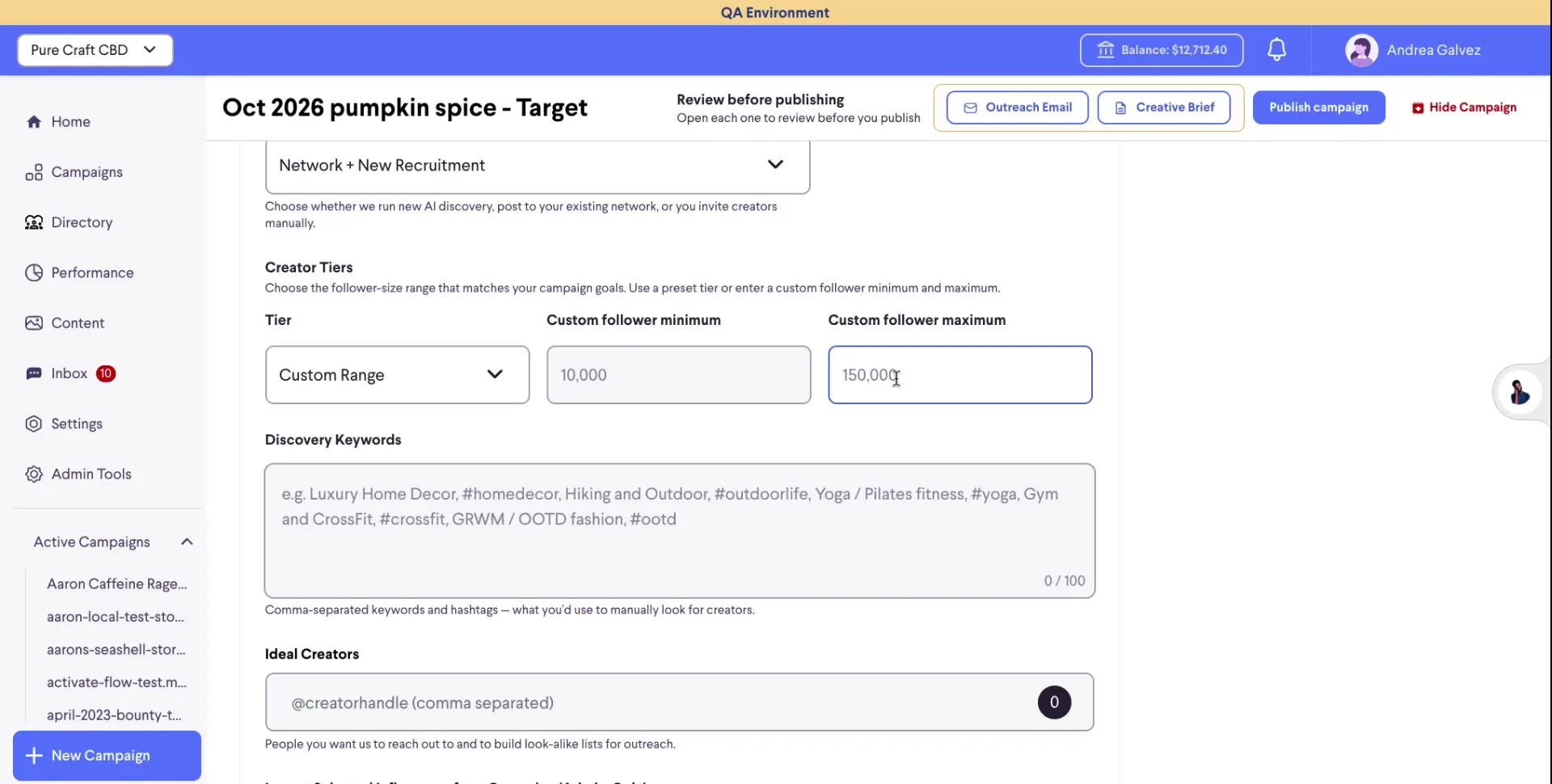 The screenshot shows the campaign setup page for "Oct 2026 pumpkin spice - Target" within the partnrUP for Brands platform. Users can configure network recruitment, creator tiers with custom follower ranges, and discovery keywords to find ideal influencers for their campaign.