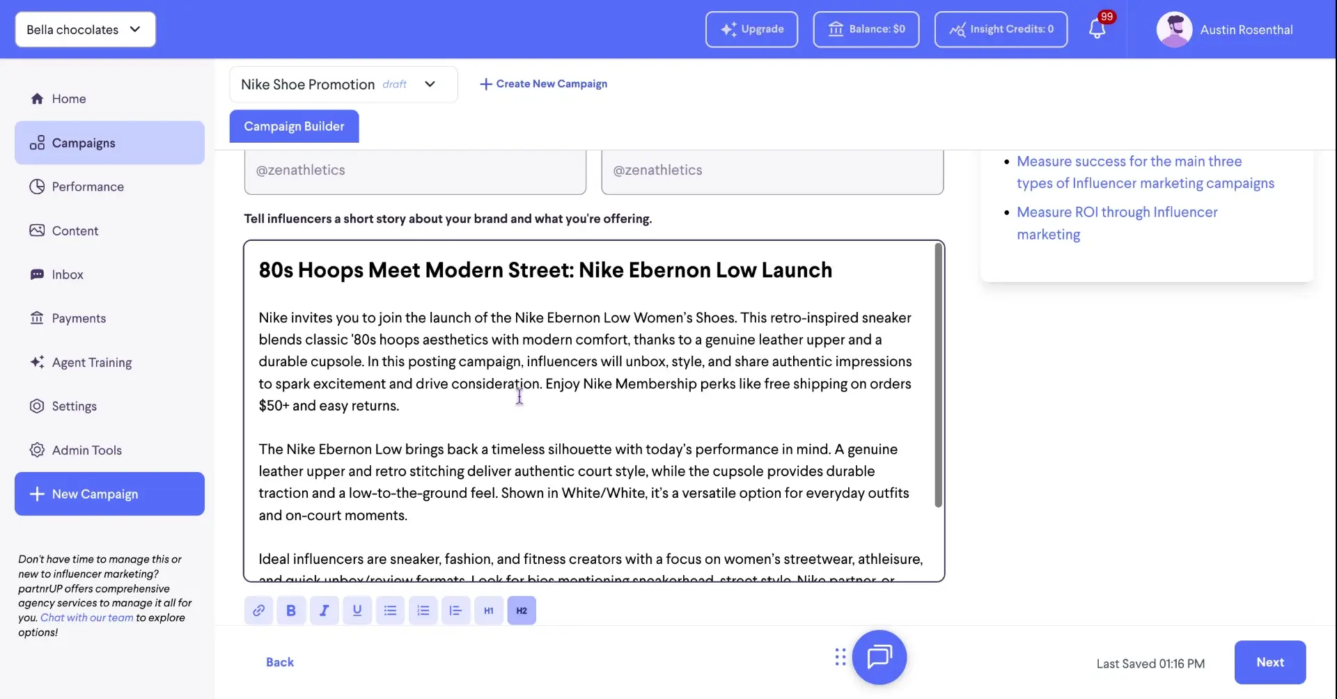 The screenshot shows the campaign builder interface within the partnrUP platform, specifically focusing on the content creation stage for a Nike shoe promotion.