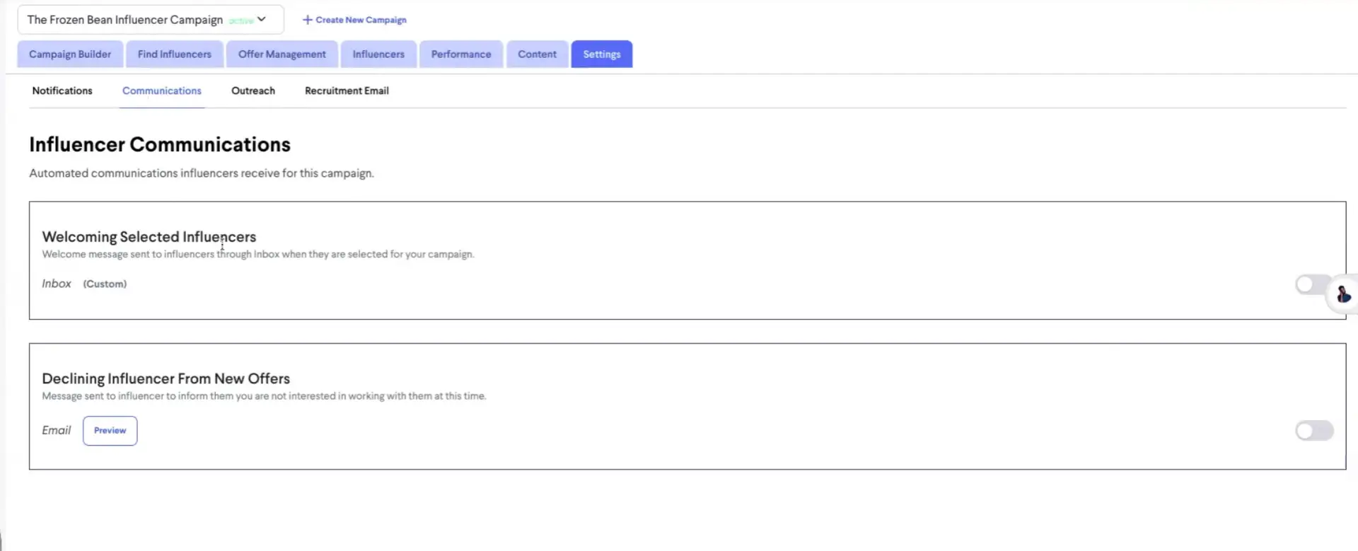 Influencer Communications settings for The Frozen Bean Influencer Campaign in partnrUP for Brands platform.